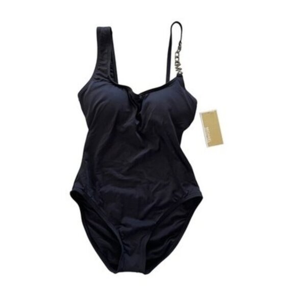 MICHAEL Michael Kors Logo Chain Black One Piece Swimsuit Size 10 Padded $122 NWT - Picture 1 of 4